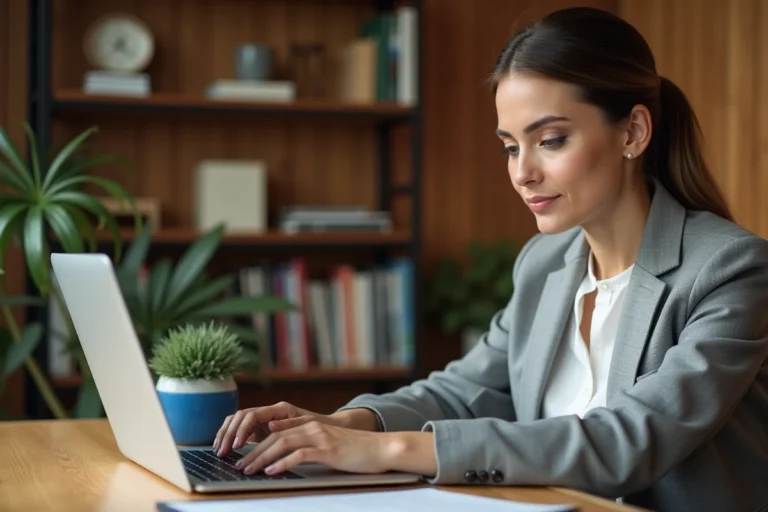 Femme connectée à son espace client CA 22 sur un ordinateur portable depuis son bureau à domicile