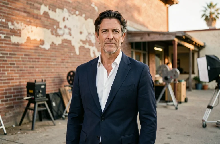 Portrait d'un acteur américain dans la cinquantaine sur un plateau de tournage hollywoodien, évoquant l'héritage familial dans le cinéma