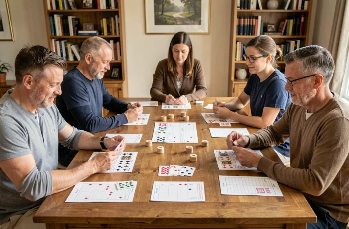Groupe de cinq joueurs adaptant leur stratégie au nombre de participants autour d'une grande table de jeu