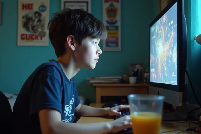 Adolescent jouant à des jeux sur navigateur sur son ordinateur, représentant l'univers de la plateforme Poki anciennement connue sous le nom JeuxJeuxJeux