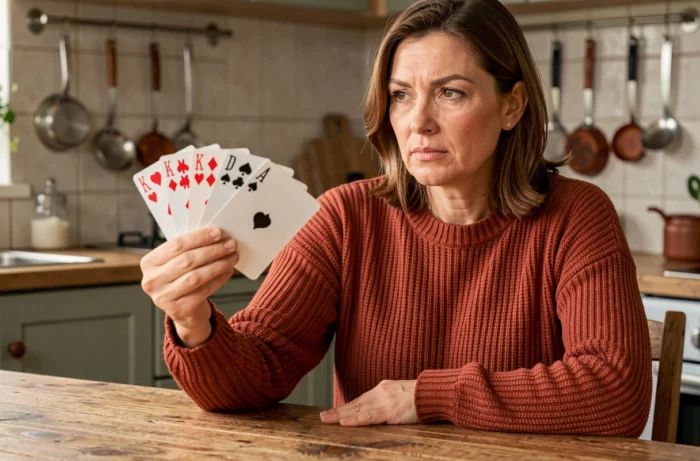 Joueuse tenant des cartes alternant les couleurs pour éviter de vider une seule couleur au 8 américain