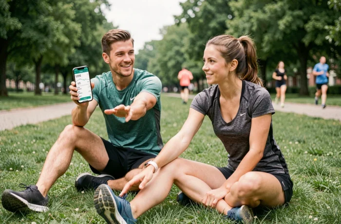 Deux amis s'étirant dans un parc après une séance de course, consultant une application de coaching sportif en ligne sur smartphone
