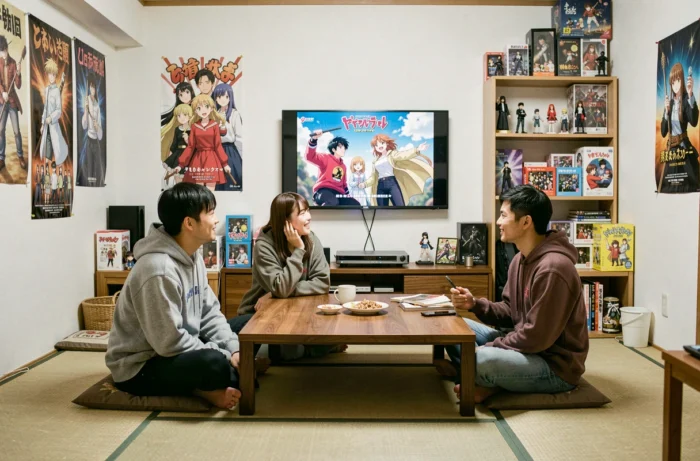 Groupe d'amis regardant un anime ensemble dans un appartement décoré de figurines et posters manga