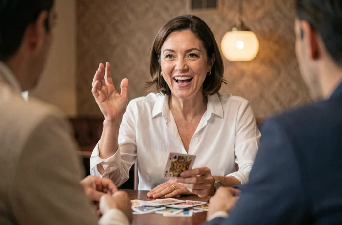 Joueuse annonçant carte au bon moment pour exercer une pression psychologique sur ses adversaires