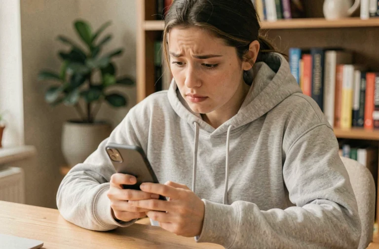 Jeune femme consultant son smartphone pour gérer ses demandes d'abonnement Instagram en attente