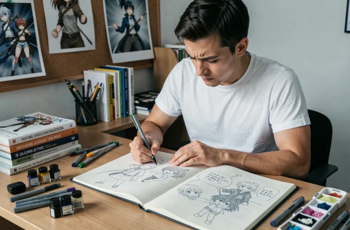 Artiste jeune homme dessinant des personnages manga dans un studio créatif avec carnets et références anime