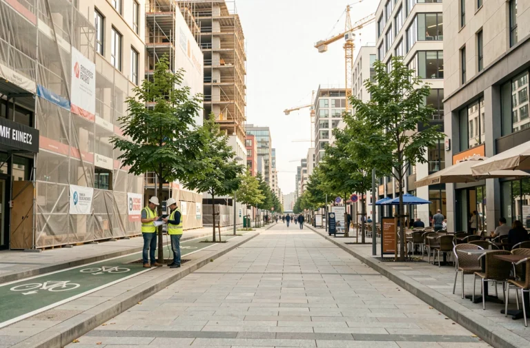 Avenue urbaine en cours de revitalisation avec travailleurs, nouveaux arbres et bâtiments mixtes en construction dans une ville dynamique