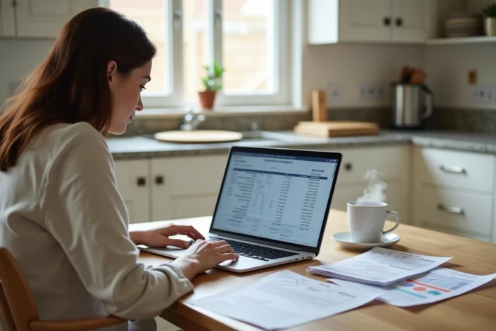 Femme calculant le budget d'un agrandissement de maison à son bureau avec devis et plans imprimés