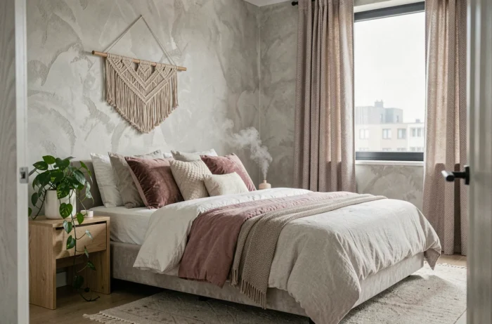 Chambre cocooning avec literie en coton bio et mur en chaux, décoration maison apaisante