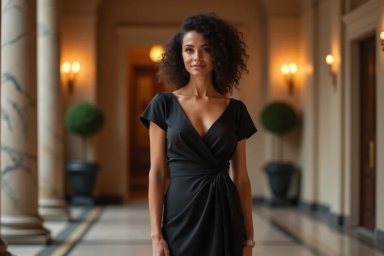 Chef d'orchestre femme élégante dans le hall d'un opéra, portrait en tenue de soirée noire