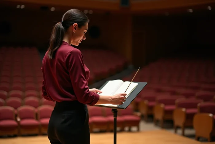 Cheffe d'orchestre sur scène avec baguette et partition, salle de concert vide en arrière-plan