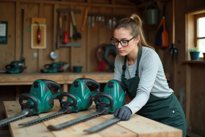 Femme comparant plusieurs modèles de taille-haies électriques sur un établi dans un cabanon de jardin