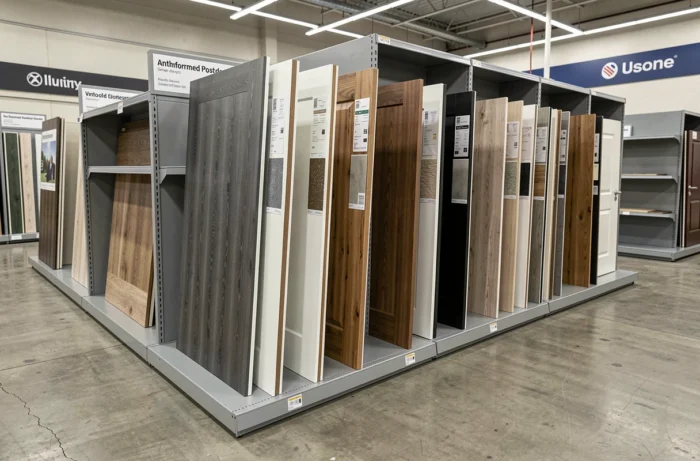 Exposition de portes postformées en différentes teintes dans un magasin de bricolage