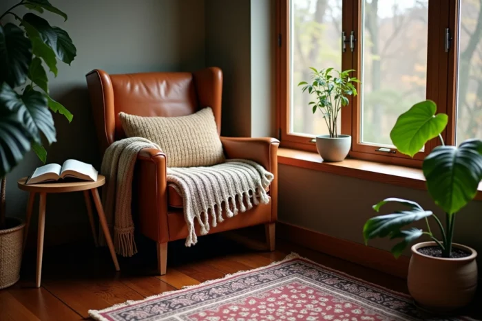 Coin lecture cosy avec fauteuil en cuir cognac, plaid tricoté et livre ouvert près d'une fenêtre