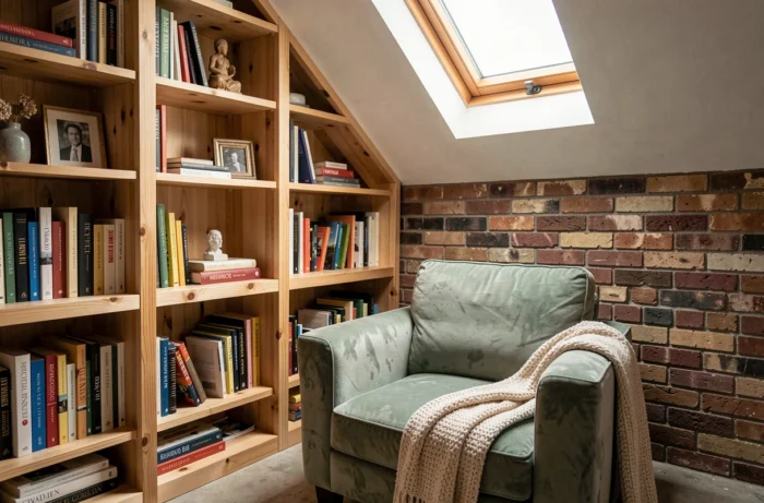 Coin lecture aménagé dans un garage converti en chambre avec fauteuil en velours, bibliothèque en pin et verrière zénithale