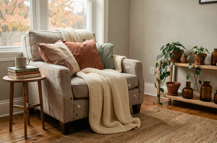 Coin salon cosy avec fauteuil en lin et plaid tricoté, ambiance cocon maison automne