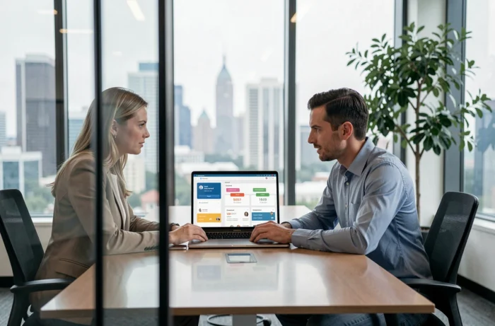 Deux professionnels B2B collaborant sur un CRM pour optimiser leur pipeline de prospection digitale et de leads