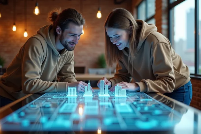 Deux professionnels collaborant sur une table tactile en réalité augmentée dans un espace de co-working moderne, représentant les tendances technologiques de demain