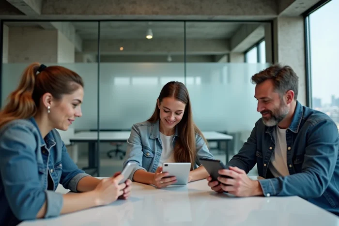 Groupe de collègues utilisant des applications de messagerie collaborative dans un espace de travail moderne