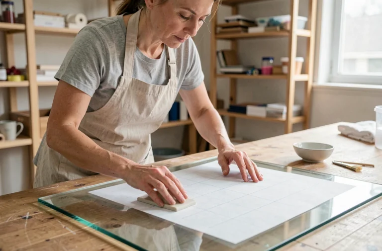 Femme appliquant du papier calque sur une vitre en verre avec un squeegee, sans bulles d'air, dans un atelier de bricolage artisanal