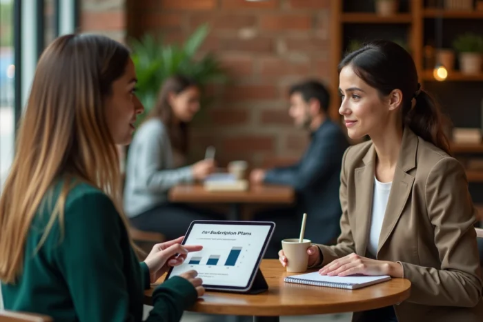 Deux femmes comparant les avis et tarifs de l'abonnement Luvly autour d'une tablette dans un café