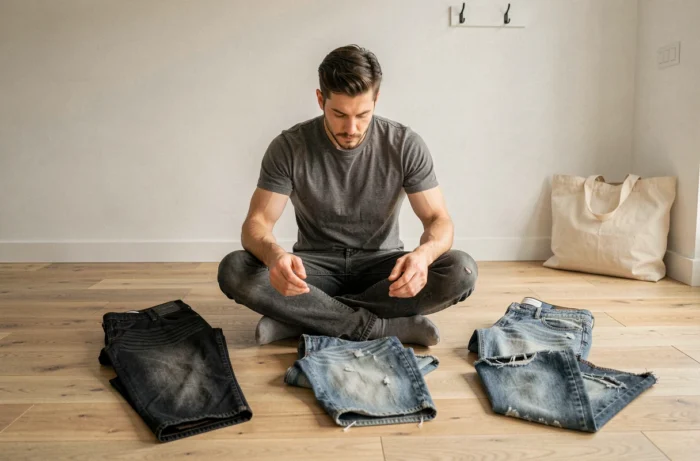 Homme comparant trois paires de jeans à différents stades d'usure sur un parquet en bois