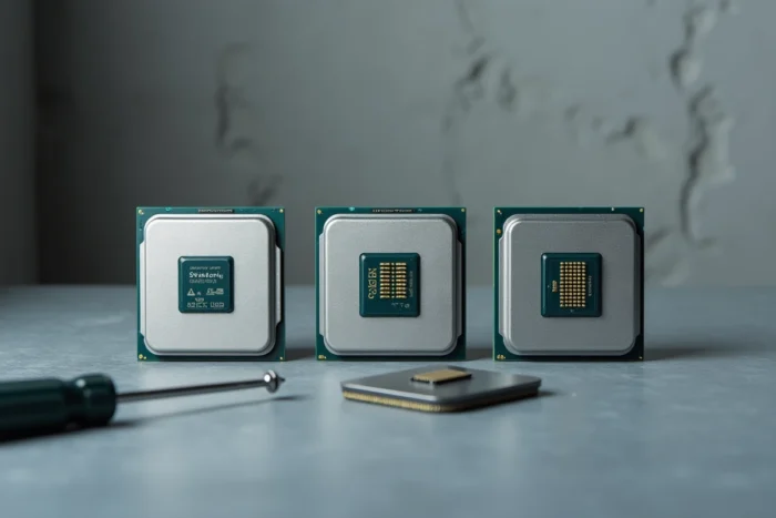 Trois processeurs CPU différents côte à côte sur une surface anti-statique grise montrant leurs configurations de broches et architectures distinctes