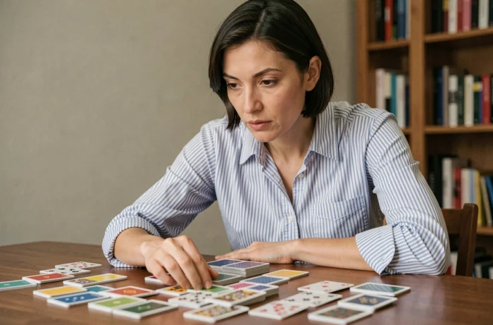 Joueuse analysant les cartes jouées sur la table pour anticiper la main adverse au 8 américain