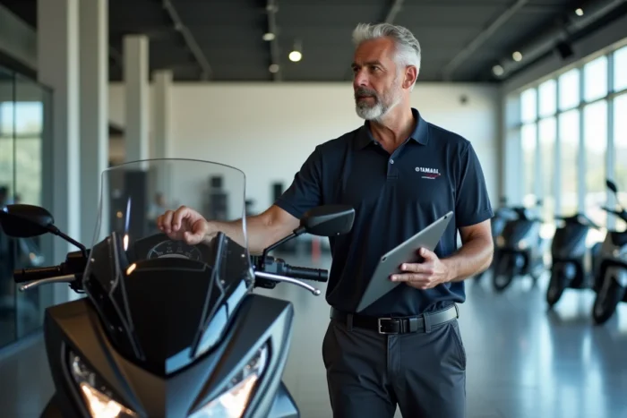 Concessionnaire présentant le prix du TMAX 750 dans un showroom Yamaha moderne, expliquant la valeur résiduelle du maxi-scooter à un client