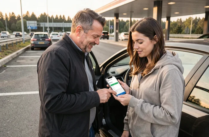 Conducteur et passagère vérifiant ensemble le récapitulatif de paiement Blablacar sur une aire d'autoroute
