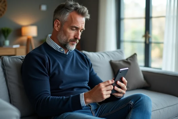 Homme consultant son compte en ligne CA 22 sur smartphone depuis son salon