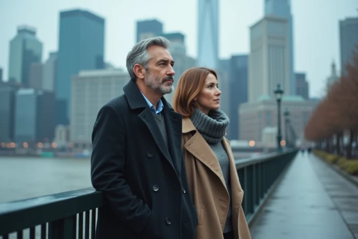 Un homme et une femme sur un pont urbain partageant une réflexion simultanée, symbolisant la connexion mentale entre deux individus