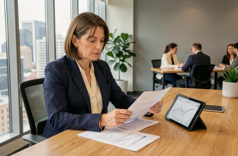 Conseillère financière analysant des documents de crédit immobilier dans un bureau moderne
