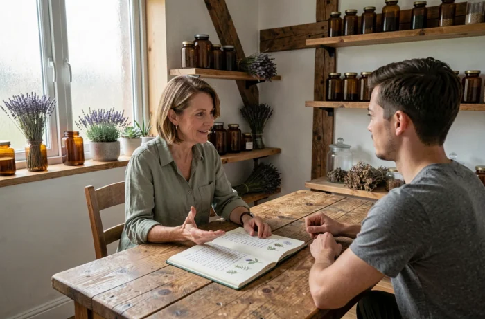 Consultation de naturopathie entre praticienne et patient autour de remèdes naturels et plantes médicinales
