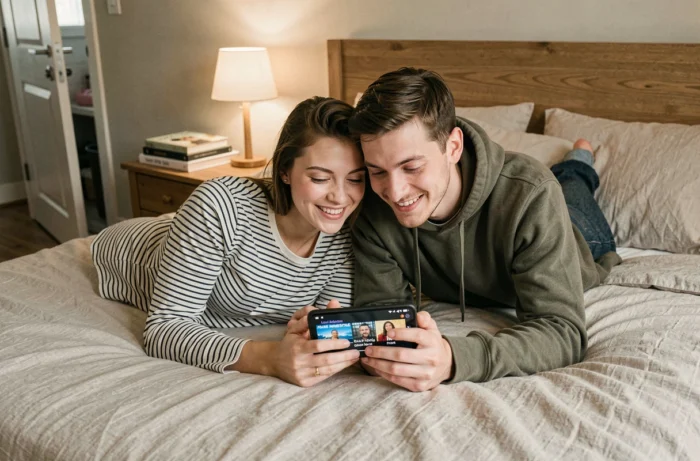 Couple regardant des chaînes TNT gratuites sur un smartphone dans une chambre