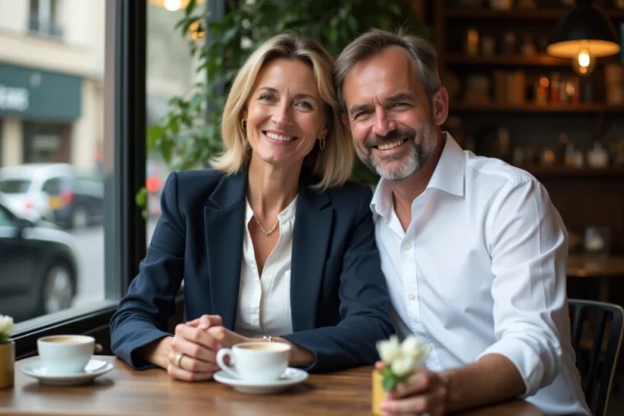 Couple élégant souriant dans un café parisien, ambiance intime et authentique