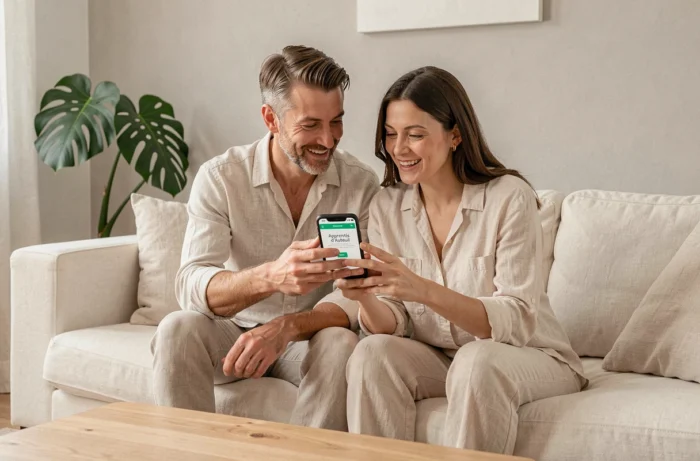Couple consultant l'espace donateur Zidore sur smartphone pour soutenir les Apprentis d'Auteuil