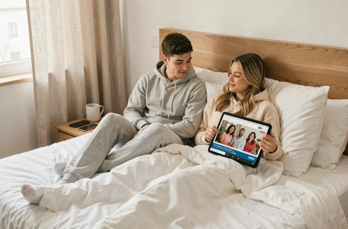 Couple regardant Plus Belle la Vie en streaming sur une tablette dans une chambre cosy