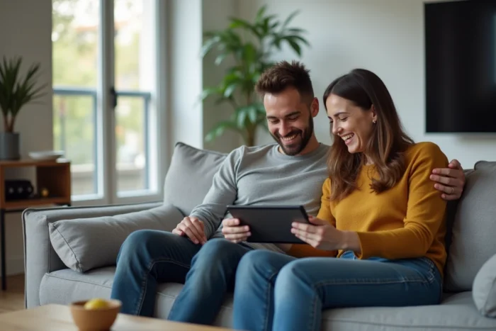 Couple d'adultes partageant une tablette pour jouer sur la plateforme Poki, anciennement JeuxJeuxJeux, dans un salon moderne