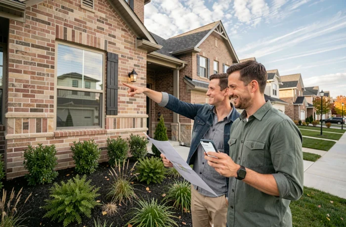 Couple visitant un bien immobilier neuf avec plan de financement en main