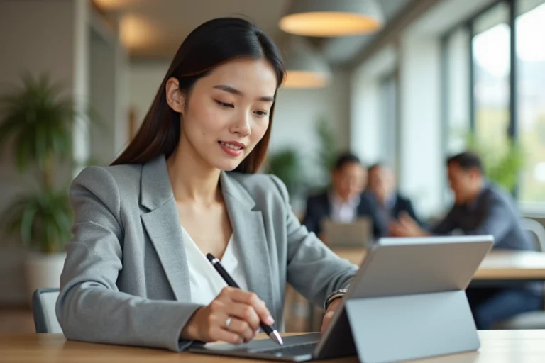 Femme utilisant un stylet sur une tablette pour créer sa signature électronique dans un bureau moderne