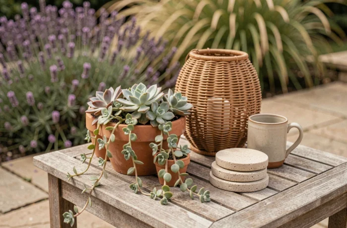 Détail de décoration extérieure avec des succulentes en pots en terre cuite, une lanterne en rotin et des accessoires naturels sur une table en teck