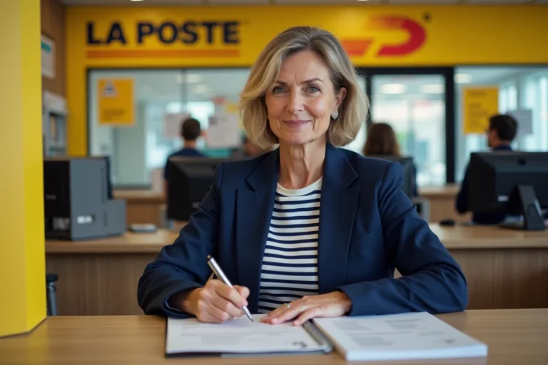 Femme remplissant un formulaire de demande de boîte postale dans un bureau de poste français