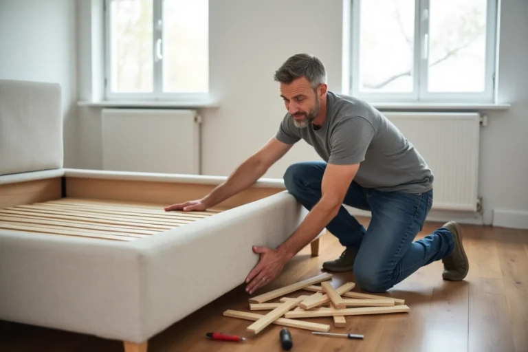 Homme démontant un sommier tapissier en bois dans une chambre, avec des outils posés au sol