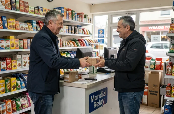 Homme déposant un colis dans un point relais Mondial Relay en boutique