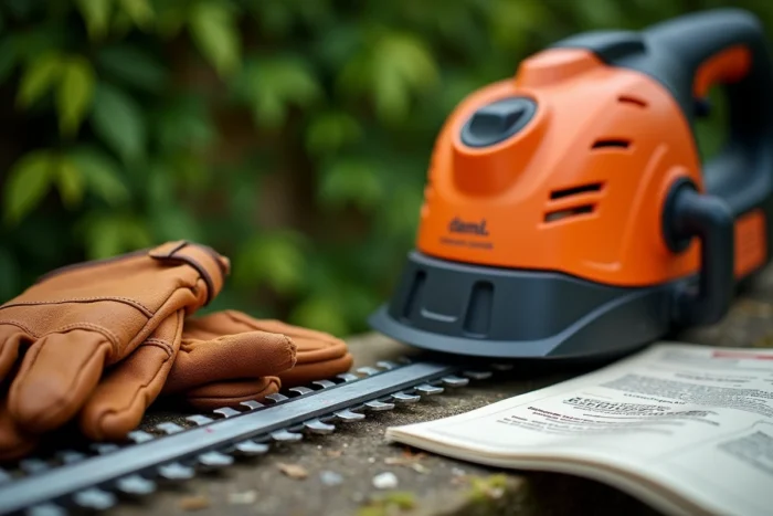 Gros plan sur les lames et les accessoires d'un taille-haie électrique posé sur un muret de jardin en pierre