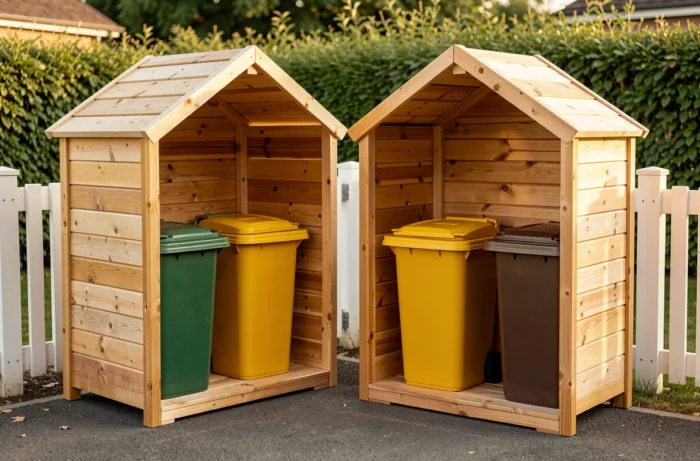 Deux abris poubelles en pin naturel style scandinave avec bacs colorés rangés sur une allée de jardin
