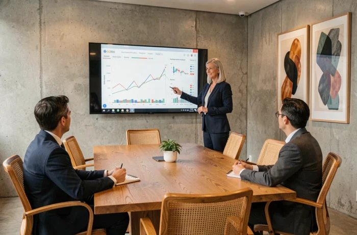 Directrice financière présentant des tendances du secteur finance à ses collègues en salle de réunion