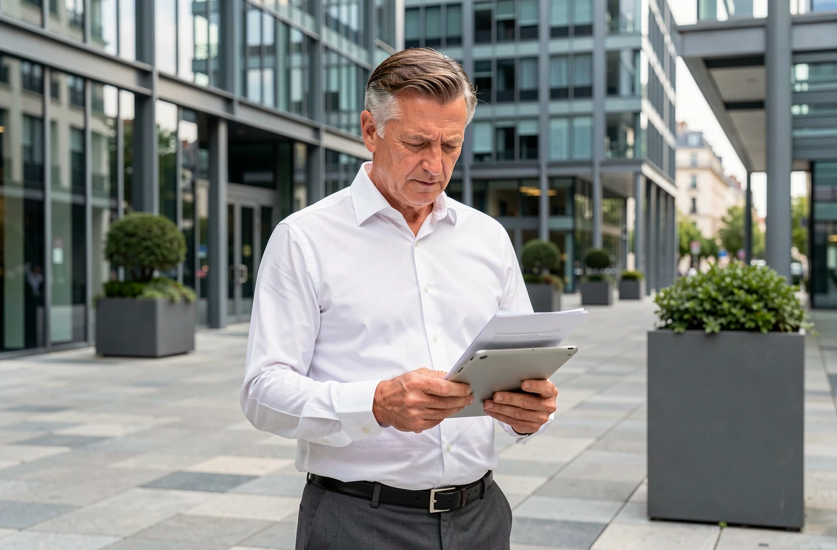 Dirigeant d'entreprise français consultant des données économiques sur tablette devant un immeuble de bureaux moderne en 2024