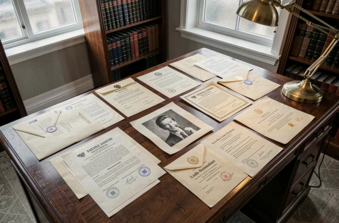 Documents officiels d'héritage et portrait vintage d'un chanteur des années 70 sur un bureau de notaire
